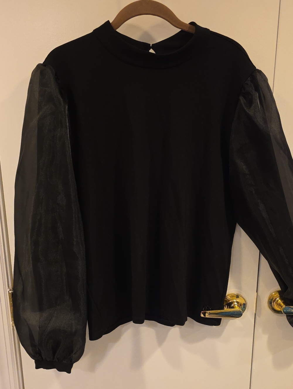Karl Lagerfeld Black Puff Sleeve Top with Sheer Organza Sleeves  XL
